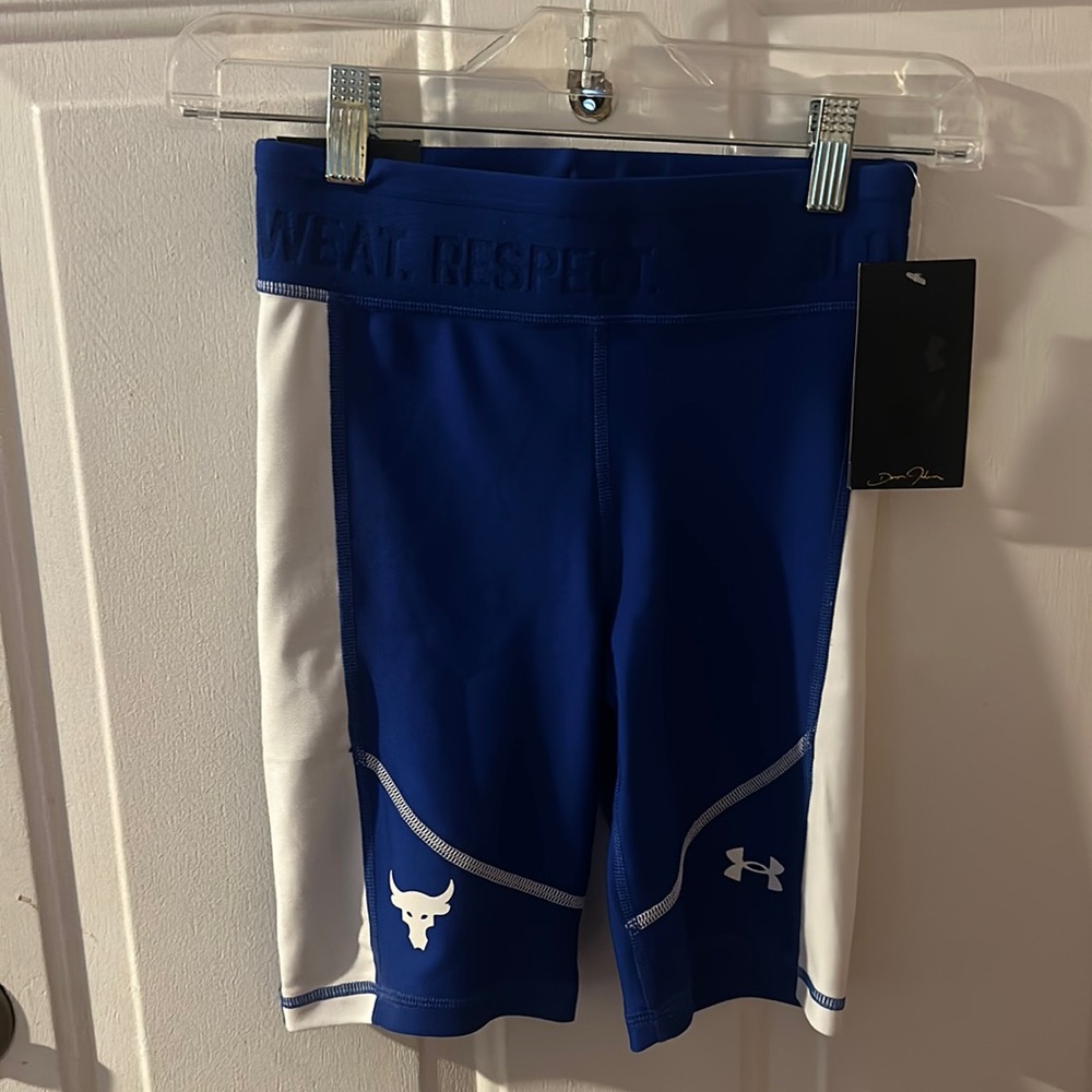 UNDER ARMOUR PROJECT ROCK COLLECTION WOMEN’S BIKE SHORTS: BLUE/WHITE: NWT: SZ XS